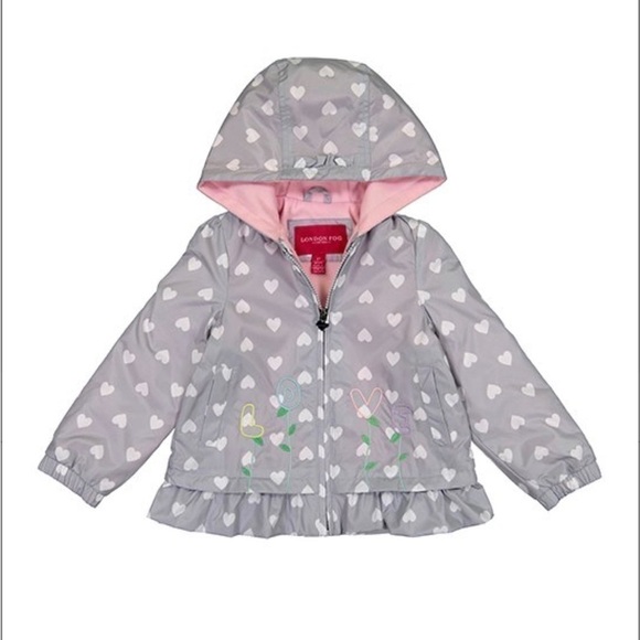 NEW London Fog Gray Hearts Ruffle-hem Raincoat - Picture 1 of 8